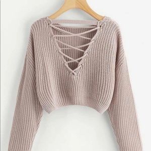 SHEIN Lace-Up V Back Crop Sweater